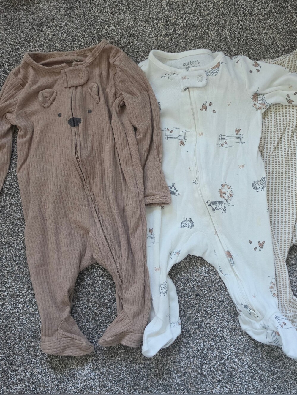 Carter's Brown Ribbed Bear & Cream Animal Print Footed One-Pieces (3 Pack)